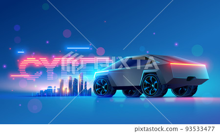 Futuristic car. Silver cyber car stands against background of futuristic city. Sci-fi concept of autonomous smart automobile. Electric vehicle or transport. Cyber truck in fantastic cyberpunk style. Futuristic car. Silver cyber car stands against background of futuristic city. Sci-fi concept of autonomous smart automobile. Electric vehicle or transport. Cyber truck in fantastic cyberpunk style. 93533477