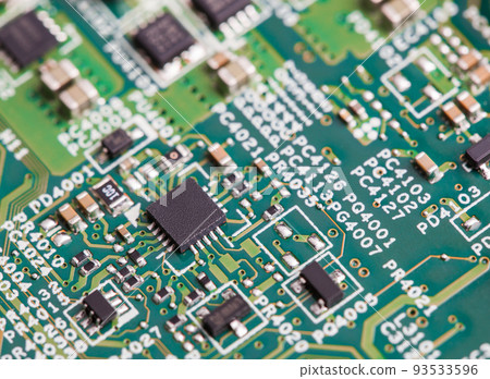 Close up of electronic components on the motherboard, microprocessor chip 93533596