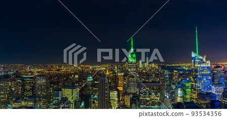 Aerial view night panorama of New York City downtown with urban skyscrapers 93534356