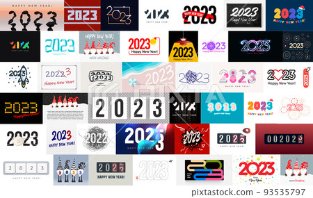 Big collection of 2023 New Year posters and logos for new year event decoration, greeting cards, calendar and winter holiday banners. Vector illustration 93535797