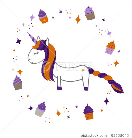 Vector illustration stylized as a child's drawing. White unicorn surrounded by cakes, stars Vector illustration stylized as a child's drawing. White unicorn surrounded by cakes, stars 93538043