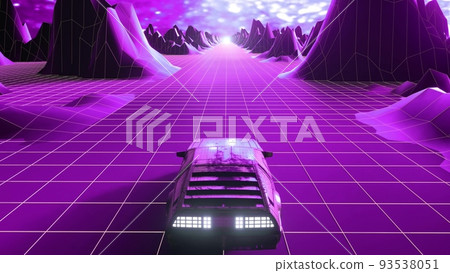 Retrowave 80s style sci-fi car background. 3d illustration Retrowave 80s style sci-fi car background. 3d illustration 93538051