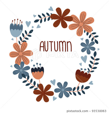Autumn card with floral wreath. Simple and cute poster with flowers in orange, red, blue colors  93538063