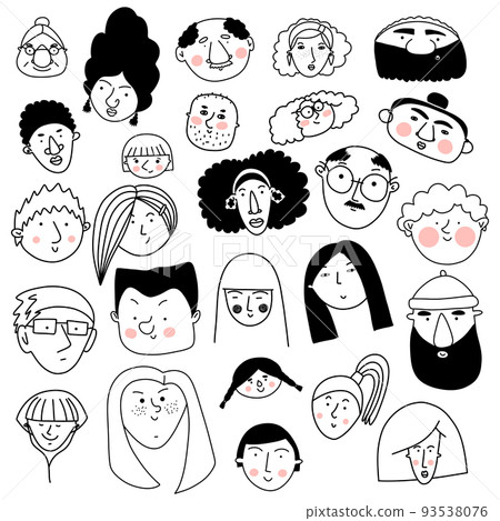 Collection of cute and diverse hand drawn faces with pink cheeks in black and white Collection of cute and diverse hand drawn faces with pink cheeks in black and white 93538076