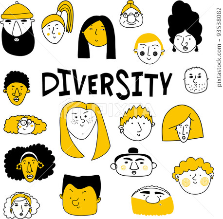 Collection of cute and diverse hand drawn faces in black, yellow and white Collection of cute and diverse hand drawn faces in black, yellow and white 93538082