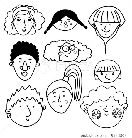 Collection of cute and diverse hand drawn faces in black and white 93538083
