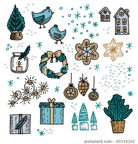 Vector set of Christmas elements: Christmas trees, houses, birds, garlands, balls, snowflakes Vector set of Christmas elements: Christmas trees, houses, birds, garlands, balls, snowflakes 93538102