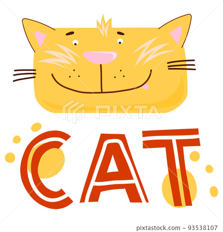 Design print of funny yellow. Nursery print with cat and lettering. Vector illustration isolated Design print of funny yellow. Nursery print with cat and lettering. Vector illustration isolated 93538107