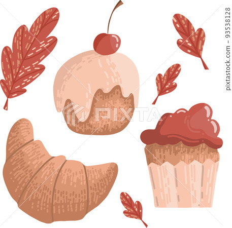 Vector cozy fall set with cream cake with cherries, croissant, cupcake and oak leaves. 93538128