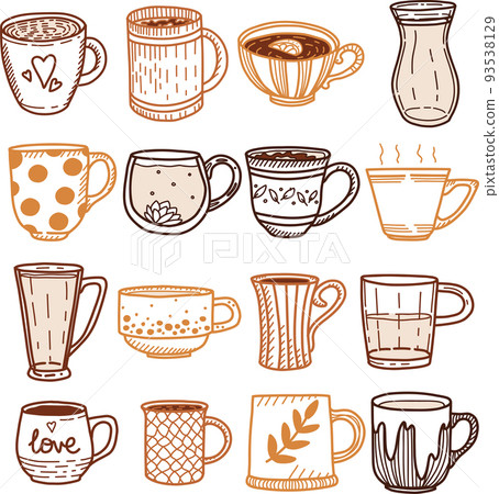 Collection of different doodle cups decorated with design elements. Vector set of colored mugs 93538129