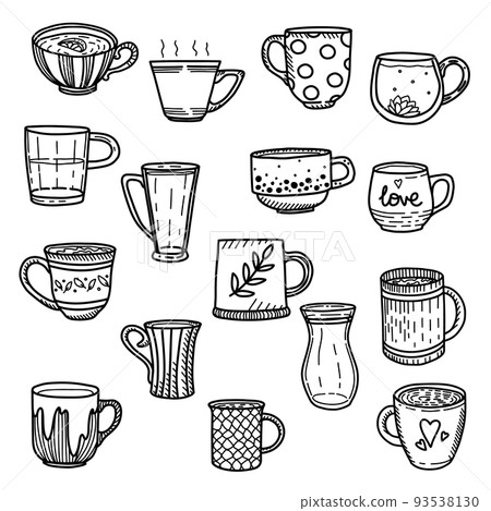 Collection of different doodle cups decorated with design elements. Vector set of colored mugs Collection of different doodle cups decorated with design elements. Vector set of colored mugs 93538130