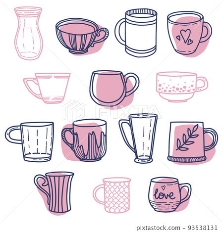 Collection of different doodle cups decorated with design elements. Vector set of colored mugs Collection of different doodle cups decorated with design elements. Vector set of colored mugs 93538131