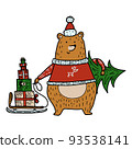 Cute doodle-style bear in a red hat and sweater holding a green Christmas tree and a sled with gifts 93538141