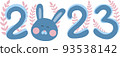 2023 year of Hare. Large blue numbers with bunny and pink leaves. Chinese New Year symbol, 93538142