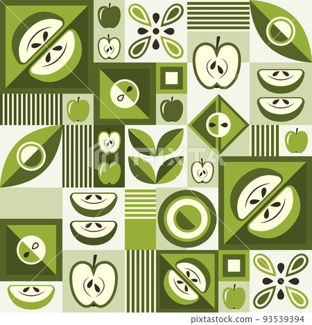 Green seamless background with apples and abstract shapes in geometric style. 93539394