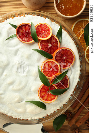 Concept of tasty food with pie with meringue, top view 93539923
