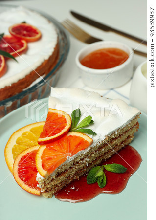 Concept of tasty food with pie with meringue, close up Concept of tasty food with pie with meringue, close up 93539937