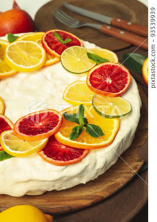 Concept of tasty food with pie with meringue, close up Concept of tasty food with pie with meringue, close up 93539939