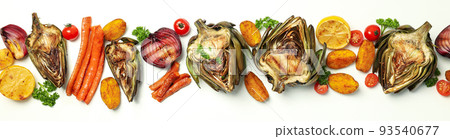 Concept of tasty food with grilled artichoke on white background 93540677