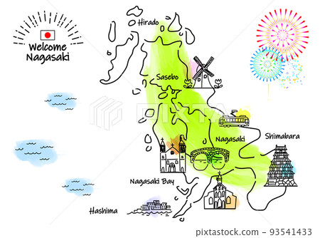 長崎縣觀光景點手繪簡單線描圖 93541433