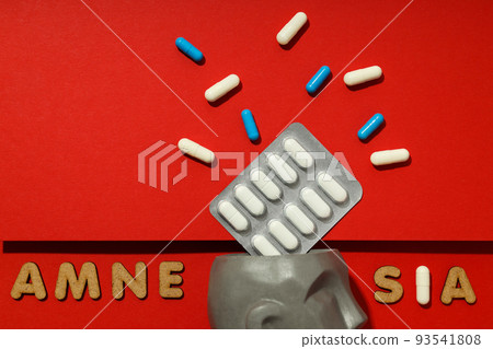 Concept of problems with memory, amnesia disease on red background Concept of problems with memory, amnesia disease on red background 93541808
