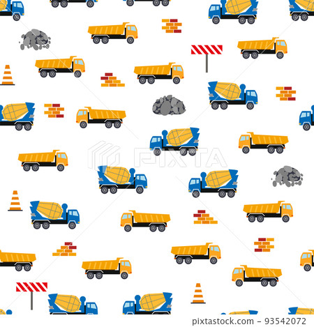 Cute childish seamless pattern with yellow car dump truck, crane, concrete mixer. Construction site illustration in cartoon style 93542072