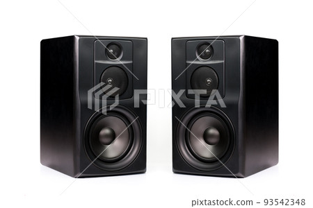 Pair of professional modern audio speakers in black wooden casing isolated on white background 93542348
