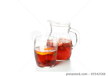 Pitcher and glass with Sangria isolated on white background 93542588