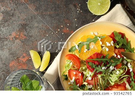 Concept of tasty food, salad with red orange, space for text Concept of tasty food, salad with red orange, space for text 93542765