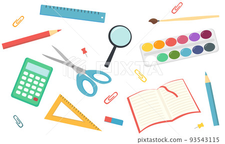 Flat design of school supplies. Calculator, magnifier, eraser, pens, brush, scissors, ruler, notebook, backpack, globe, watercolor. 93543115