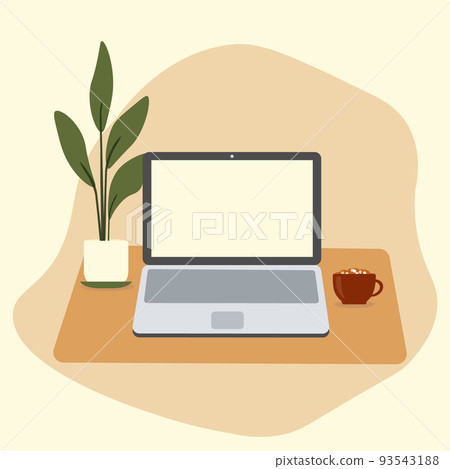 Concept of homework, workspace. Laptop, notebook on a table with plant, cup of coffee. Vector illustration on beige background. Concept of homework, workspace. Laptop, notebook on a table with plant, cup of coffee. Vector illustration on beige background. 93543188
