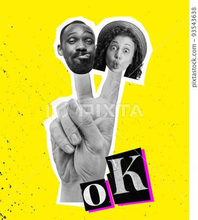 Contemporary art collage, modern design. Human hand gesturing victory sign over bright yellow background. Surreal conceptual poster. Contemporary art collage, modern design. Human hand gesturing victory sign over bright yellow background. Surreal conceptual poster. 93543638