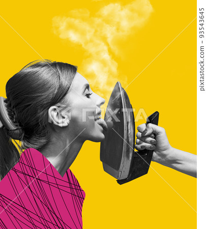 Colorful image of young woman sticking tongue out in front of vintage iron isolated over bright yellow background. Colorful image of young woman sticking tongue out in front of vintage iron isolated over bright yellow background. 93543645