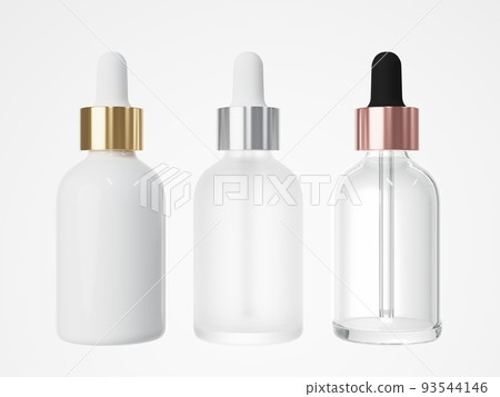 Three different cosmetic serum dropper bottles 3D render, care product packaging 93544146