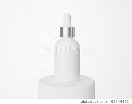 White glass cosmetic serum dropper bottle on podium 3D render, care product packaging White glass cosmetic serum dropper bottle on podium 3D render, care product packaging 93544162