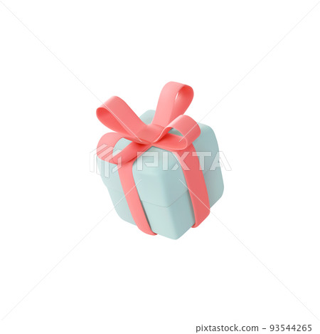 Cute pastel gift box. 3D render holiday surprise box. Flying blue box with pink ribbon. Cute pastel gift box. 3D render holiday surprise box. Flying blue box with pink ribbon. 93544265