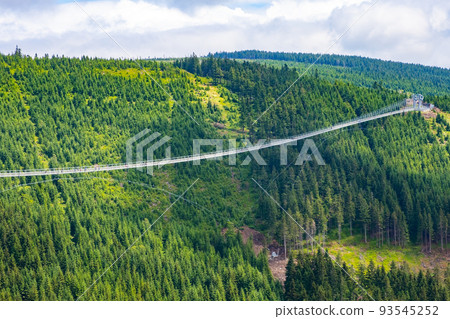 Sky Bridge 721 is the longest suspension bridge between two hills in the forest, Dolni Morava, Czech Republic . One way footbridge in touristic place in the forest in summer. Sky Bridge 721 is the longest suspension bridge between two hills in the forest, Dolni Morava, Czech Republic . One way footbridge in touristic place in the forest in summer. 93545252