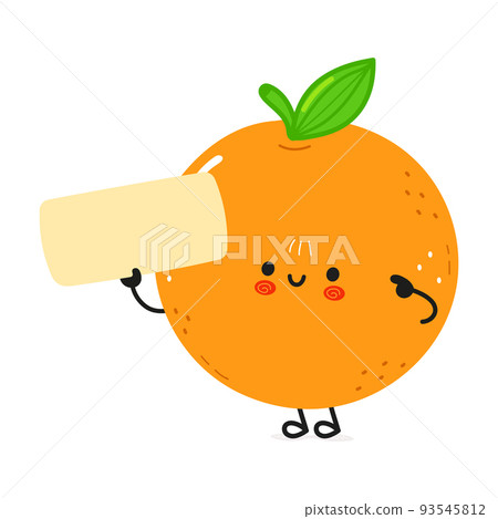 Cute funny orange fruit poster character. Vector hand drawn cartoon kawaii character illustration. Isolated white background. Orange fruit poster 93545812