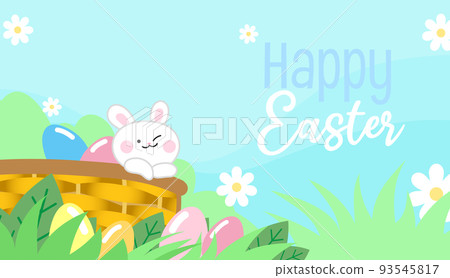 Easter bunny and eggs in a wicker basket in grass Easter bunny and eggs in a wicker basket in grass 93545817