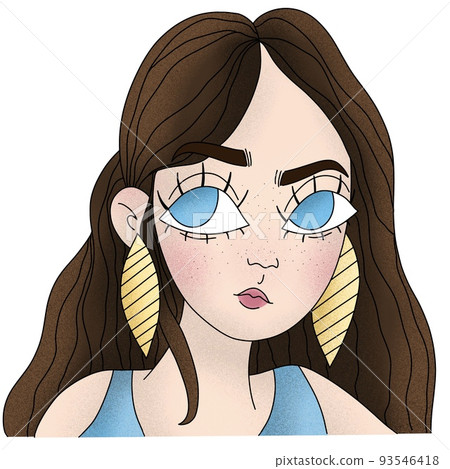 confused teenager girl illustration, portrait of a brunette sceptic girl with large earrings and blue eyes. teen character. 93546418