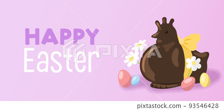 Easter chocolate chicken or hen with eggs vector illustration banne Easter chocolate chicken or hen with eggs vector illustration banne 93546428