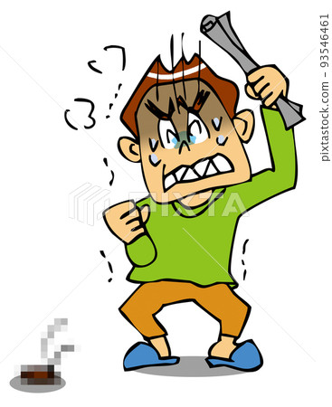 一個顫抖的人遇到一隻邪惡的害蟲並舉起一張捲起來的報紙，上面有害蟲部分馬賽克 93546461