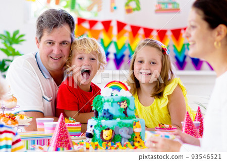 Child birthday party cake. Family with kids. 93546521