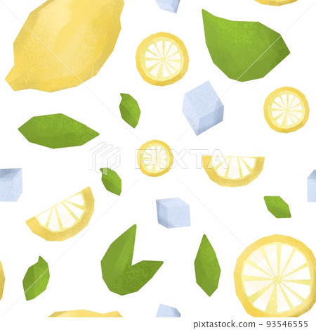 lemon, mint leaves and ice cubes as refreshing summer healthy drinks ingredients. seamless pattern illustration with textured effect. cold icy homemade lemonade. 93546555