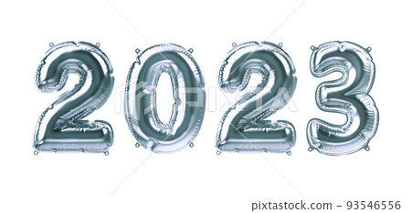 3D Render of Silver inflatable foil balloons. Party 2023 decoration figures. Gray numbers isolated on white background. New year celebration postcard. Graphic elements for Xmas design. Happy holiday 3D Render of Silver inflatable foil balloons. Party 2023 decoration figures. Gray numbers isolated on white background. New year celebration postcard. Graphic elements for Xmas design. Happy holiday 93546556