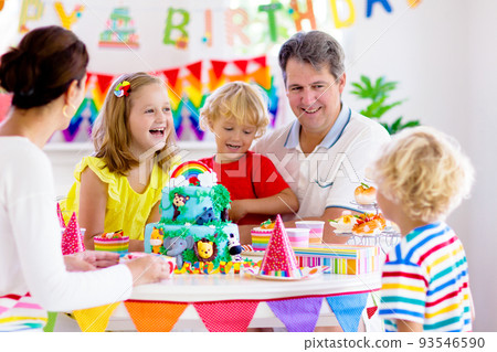 Child birthday party cake. Family with kids. 93546590