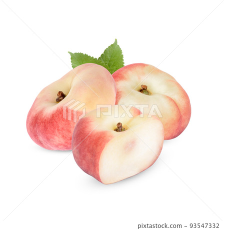 Fresh donut peach with leaves isolated on white background Fresh donut peach with leaves isolated on white background 93547332
