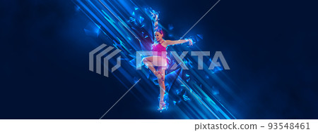 Young graceful flexible woman dancing ballroom dance without partner over dark background with neon elements. Concept of art, beauty 93548461
