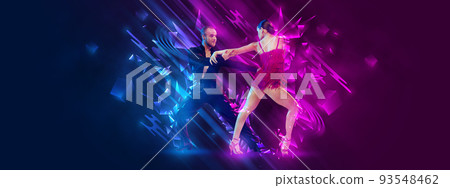 Elegant young couple of dancers dancing samba, cha-cha-cha, rumba, paso doble over dark background with neon fluid elements. Art, beauty, dance concept Elegant young couple of dancers dancing samba, cha-cha-cha, rumba, paso doble over dark background with neon fluid elements. Art, beauty, dance concept 93548462