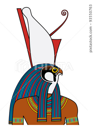 Horus portrait, god of kingship and the sky in ancient Egypt. Tutelary deity, depicted as falcon headed man, wearing the pschent, double crown and symbol of kingship over the entire kingdom of Egypt. 93550763